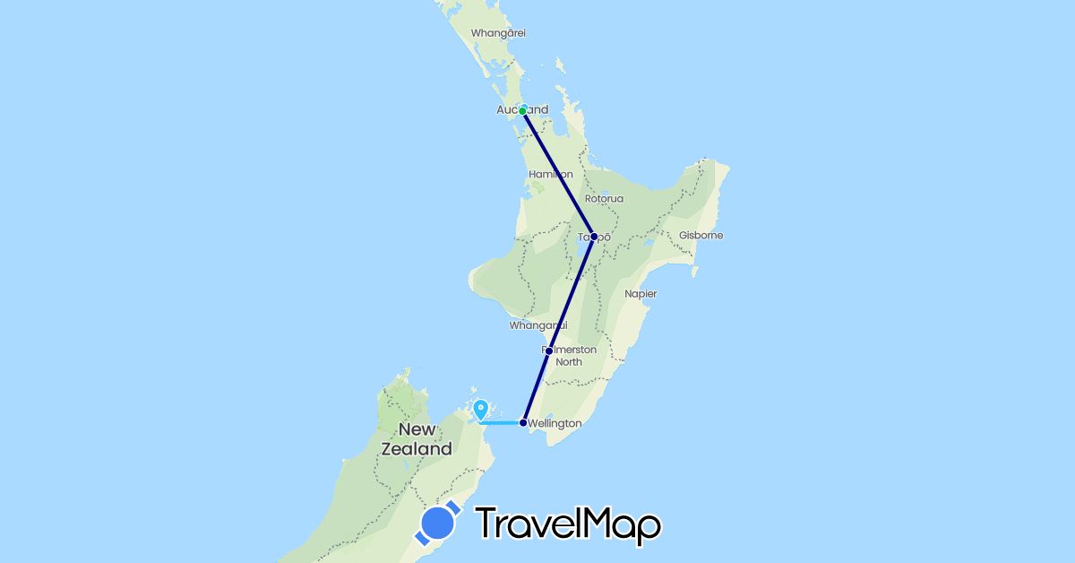 TravelMap itinerary: driving, bus, plane, boat in New Zealand (Oceania)